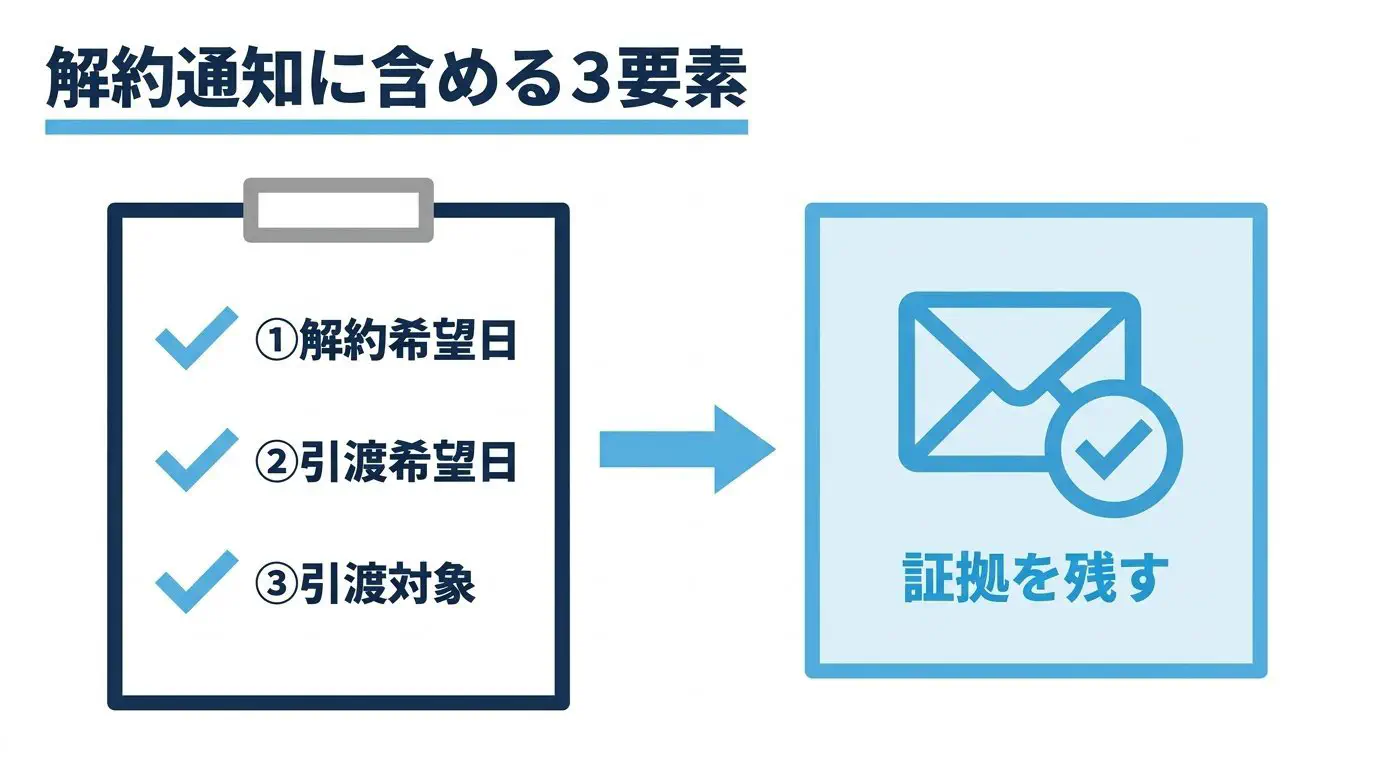 解約通知に書く3点（解約予告期限と解約希望日／データ・権限の引渡し希望日／引渡し対象の一覧）と、受信記録を残すことを示した図