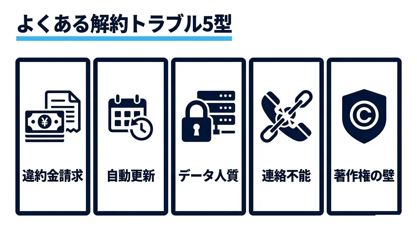 保守解約で揉める5つの型（違約金の一括請求・自動更新の見落とし・ドメイン/データの人質化・連絡不能/廃業・著作権を盾）をアイコンで並べた図