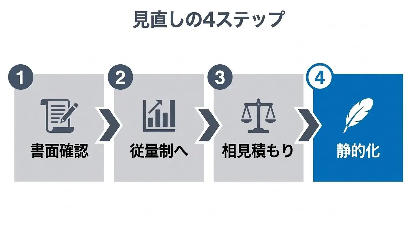 保守費を見直す順番（①中身を書面確認→②使っていない枠を従量/スポットへ→③相見積もり→④更新しないなら静的化）を左から右へ並べたフロー図