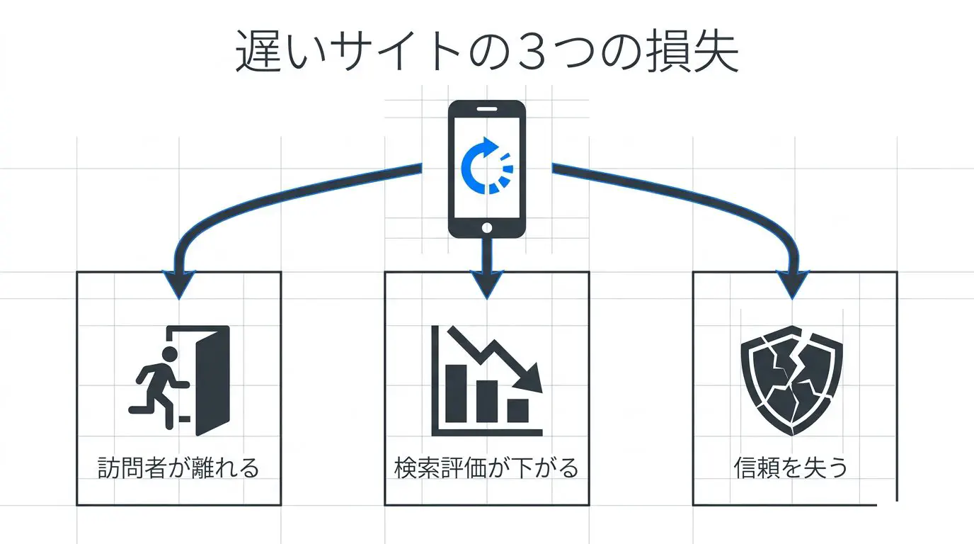 表示が遅いサイトが「訪問者の離脱」「検索評価の低下」「会社の信頼の低下」の3つを失うことを整理した図