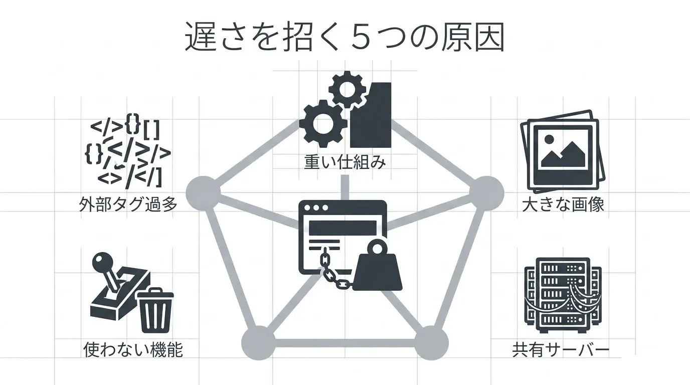 表示が遅くなる主な原因（重い仕組み・画像・共有サーバー・使わない機能）を並べた原因マップの図