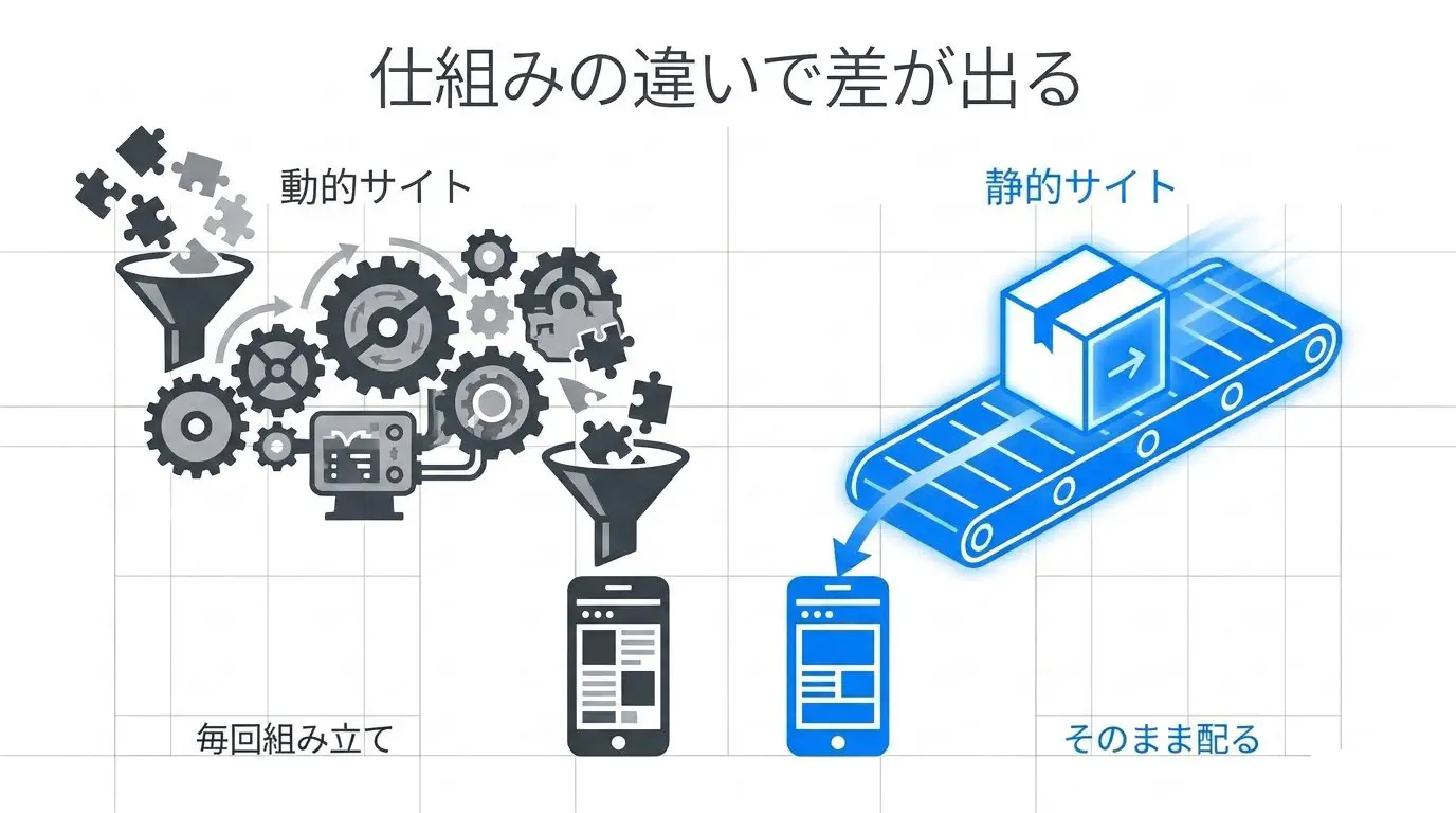 WordPressは開くたびにデータベースとプラグインでページを組み立てるのに対し、静的サイトは出来上がったページをそのまま配るだけ、という違いを対比した図