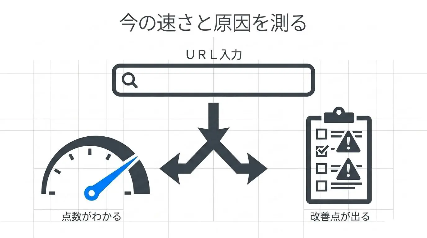 PageSpeed InsightsにサイトのURLを入れると点数と改善点が出る、という測り方を示した図