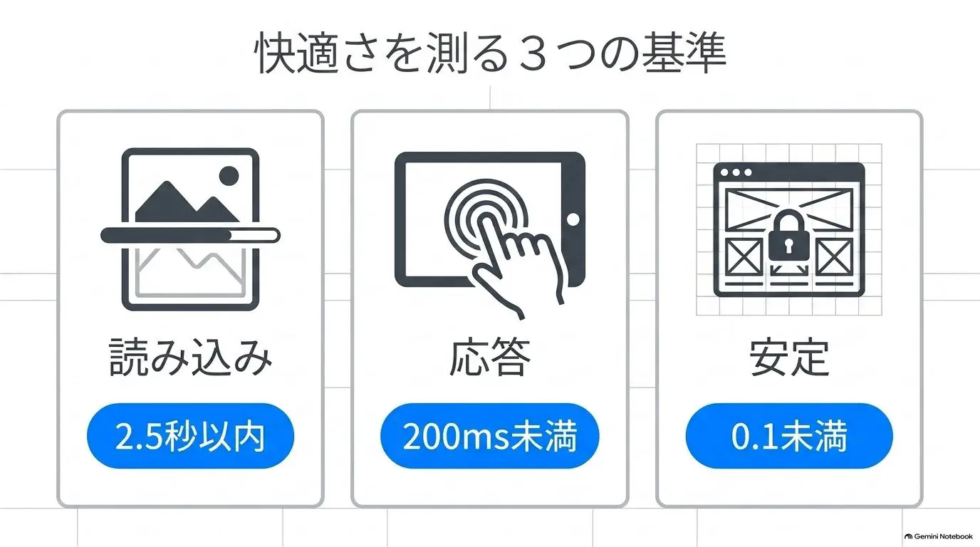 Core Web Vitalsの3指標（LCP 2.5秒以内・INP 200ミリ秒未満・CLS 0.1未満）を、それぞれ読み込み・応答・安定として並べた図