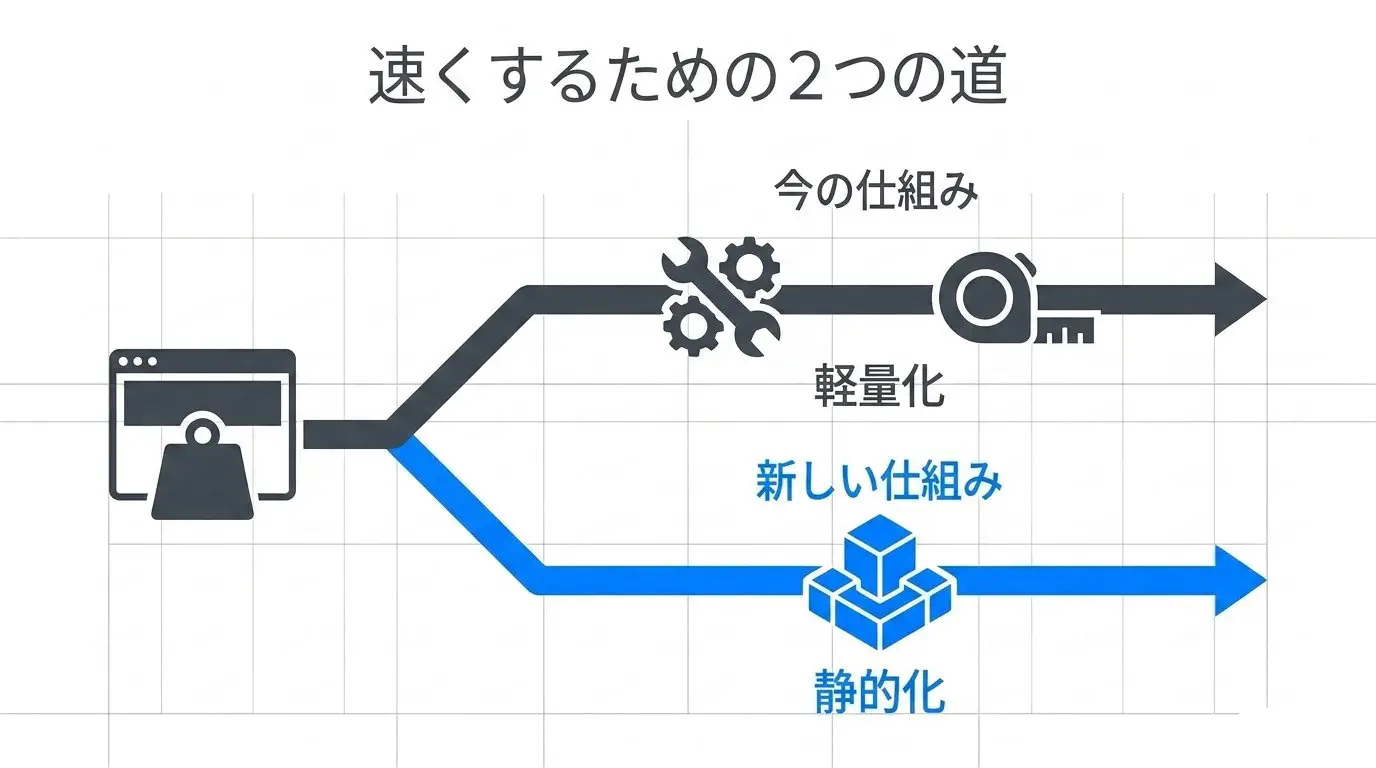 遅いサイトを速くする2つの道（今の仕組みのまま軽量化する／静的サイトへ載せ替える）を比較した図