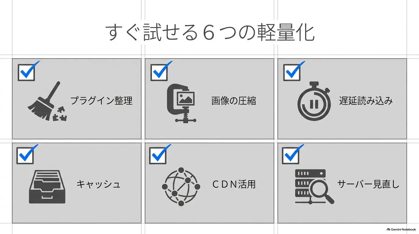 不要プラグイン・外部タグ整理／画像圧縮／遅延読み込み／キャッシュ／CDN／サーバー見直し、というまず試せる軽量化の対策を並べたチェックリストの図