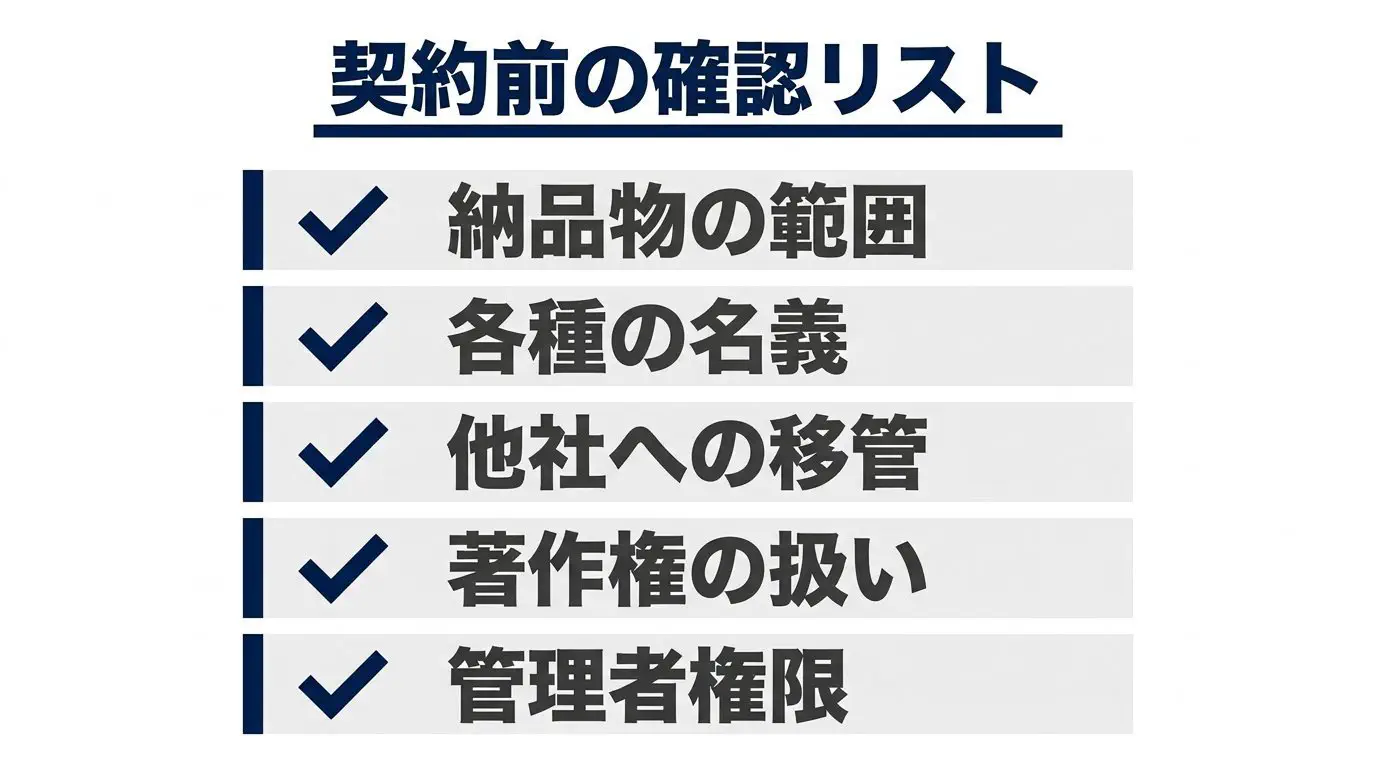 買い切りの契約前チェックリスト図。「納品物の範囲」「ドメイン・サーバー・解析の名義」「移管の可否と費用」「著作権は譲渡か（27条・28条）」「管理者権限を自社が持つか」をチェックボックスで並べる