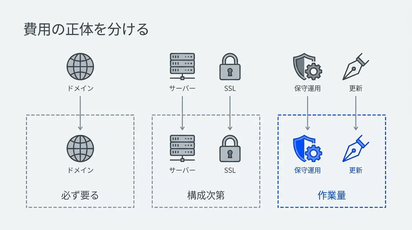 ドメインを「必ず要る」、サーバーとSSLを「構成次第」、保守運用と更新を「作業量」に振り分けた費用分類の図