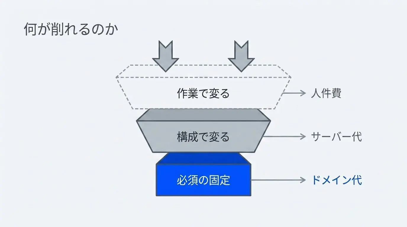 必須の固定費（ドメイン代）・構成で変わる費用（サーバー代）・作業で変わる費用（人件費）をピラミッド状に積んだ図