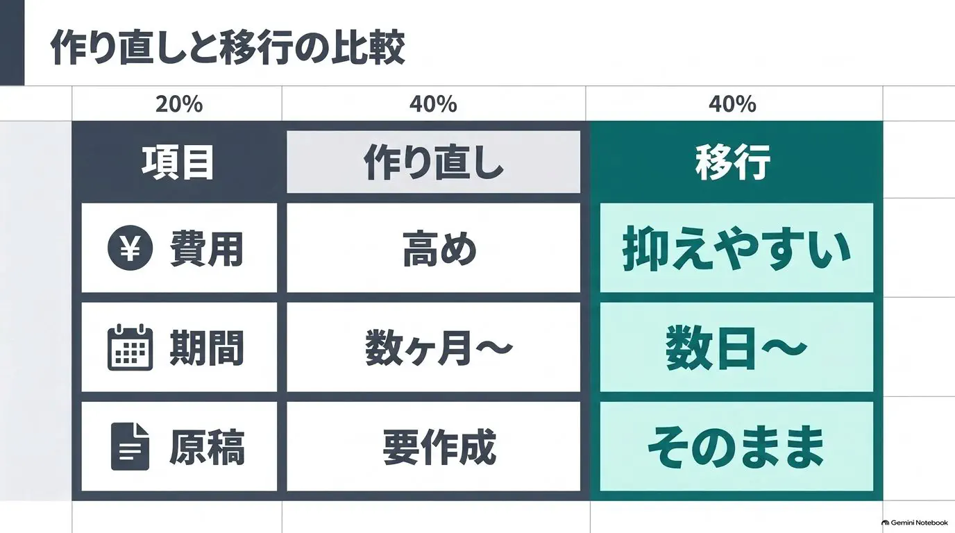 リニューアル（ゼロから作り直す）と載せ替え（そっくり移す）を、費用・期間・原稿準備で比較した表の図