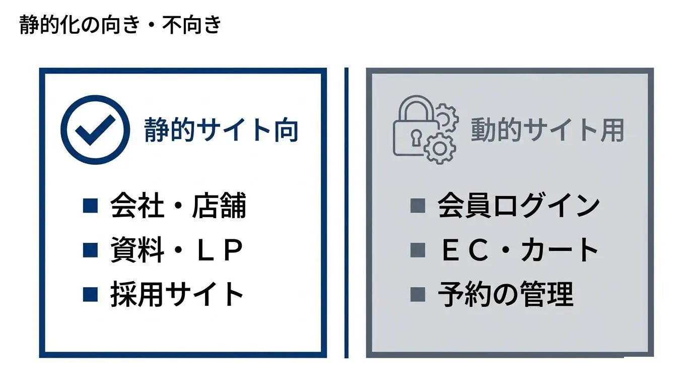 静的サイトと動的サイトの見分け図。静的化できる＝会社案内・店舗・採用・LP・資料配布／そのままでは難しい＝会員ログイン・EC・予約枠のリアルタイム管理、を左右で振り分ける