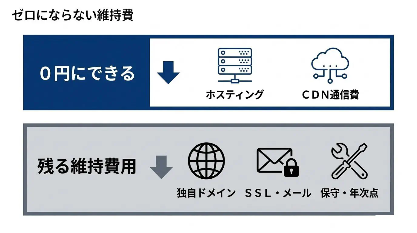 「サーバー代0円」≠「維持費0円」を示す図。0円にできる＝ホスティング/CDN／残る＝独自ドメイン・SSL・メール・フォーム・保守/年次点検、を2つの箱で対比する