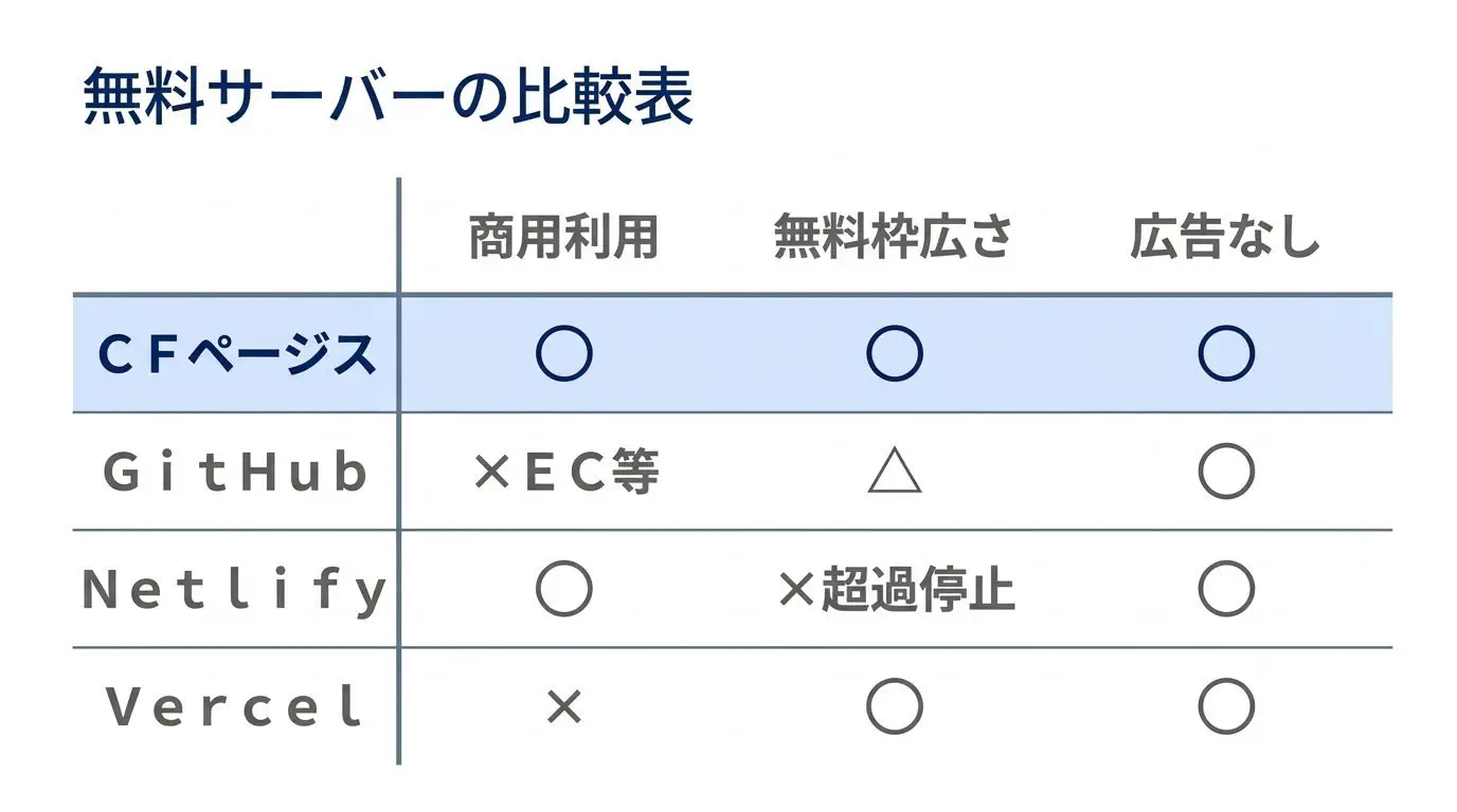 無料CDNホスティング4種の早見比較図。Cloudflare Pages（商用◯・広告なし・無料枠広い）／GitHub Pages（EC/SaaS商用×）／Netlify（上限超過で停止）／Vercel Hobby（商用×）を◯×で並べる