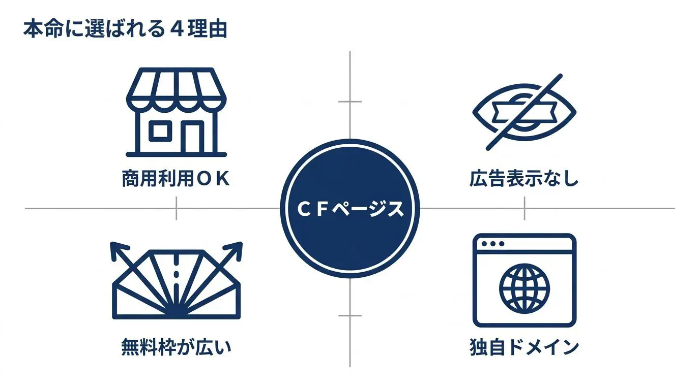 中小の会社案内にCloudflare Pagesが本命な理由の図。「商用利用OK」「広告なし」「無料枠が広い（帯域・リクエスト）」「独自ドメイン＋HTTPS」の4つの強みをアイコンで示す