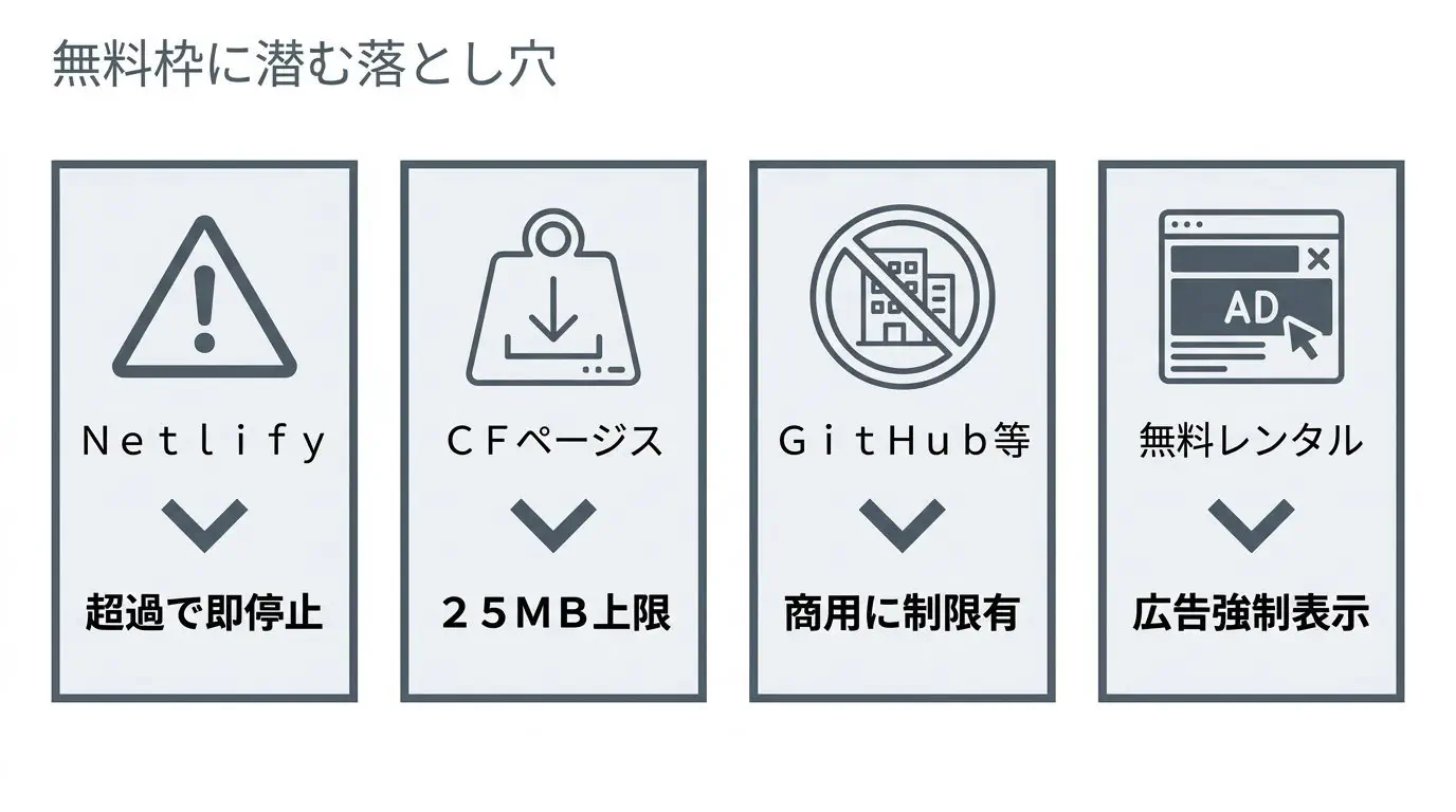 無料枠の落とし穴の図。Netlify＝300クレジット超過でサイト停止／Cloudflare Pages＝1ファイル25MiB上限（大きな動画・画像）／GitHub Pages・Vercel＝商用制限／無料レンタルサーバー＝広告強制、を注意アイコンで並べる