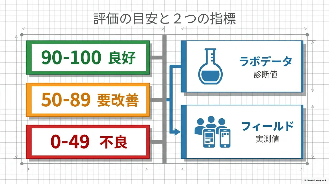 PageSpeedのパフォーマンススコアの3段階（90-100=緑・良好／50-89=橙・要改善／0-49=赤・不良）と、ラボデータ・フィールドデータの位置づけを示した図