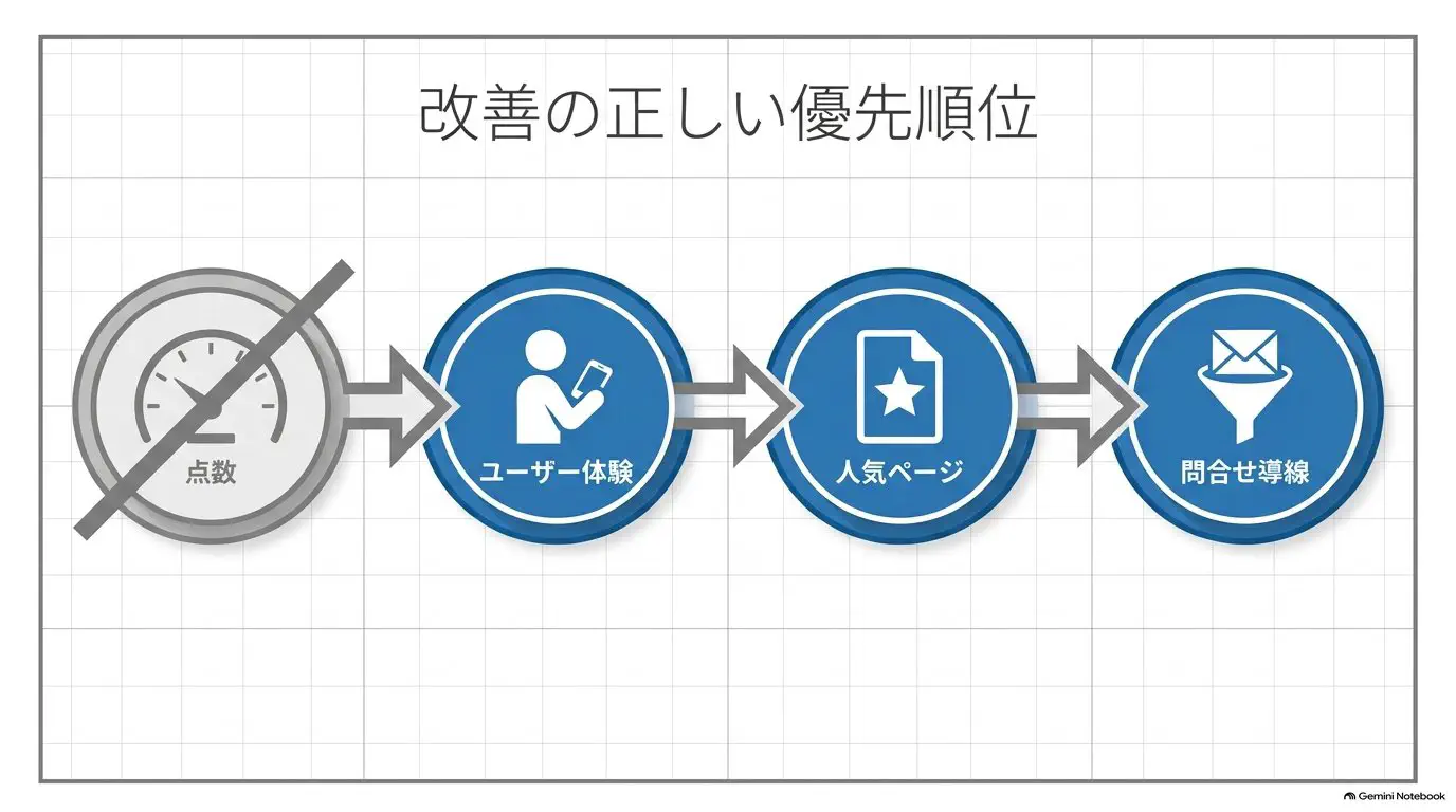 「点数」を追うのではなく「実ユーザーのCore Web Vitals→よく見られるページ→問い合わせ導線」の順で優先することを示した図