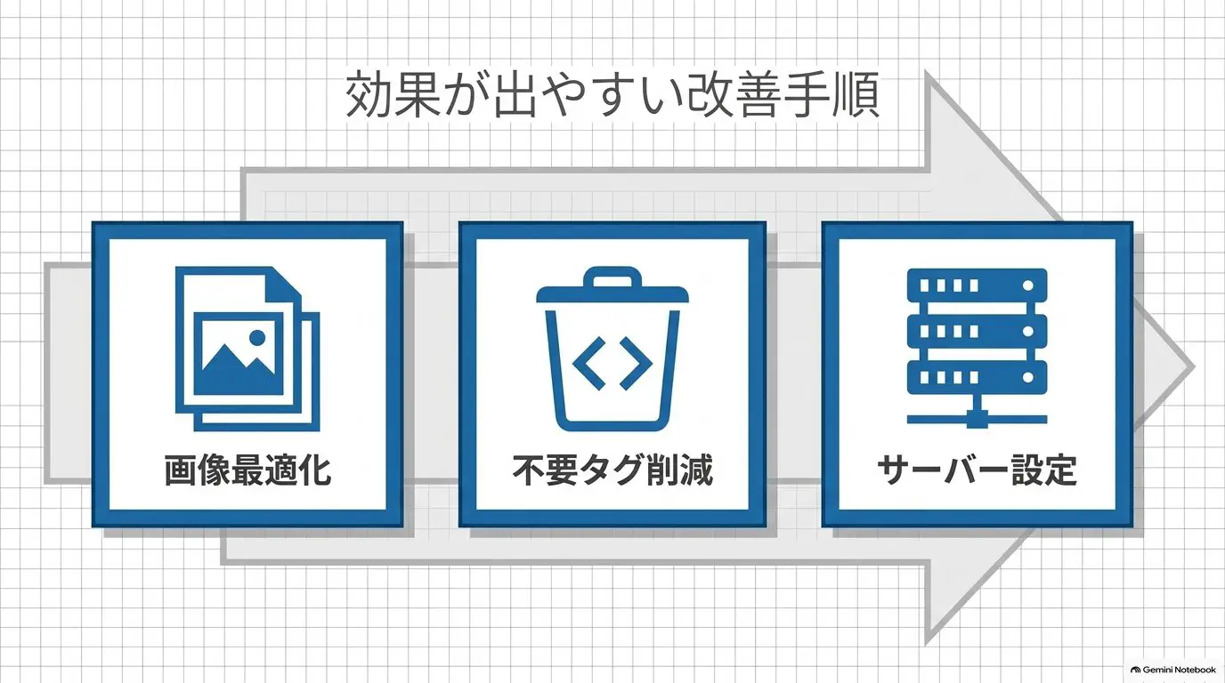 スコア改善の打ち手を効果が出やすい順に（画像→CSS/JS・外部タグ→キャッシュ・サーバー・配信）並べた図