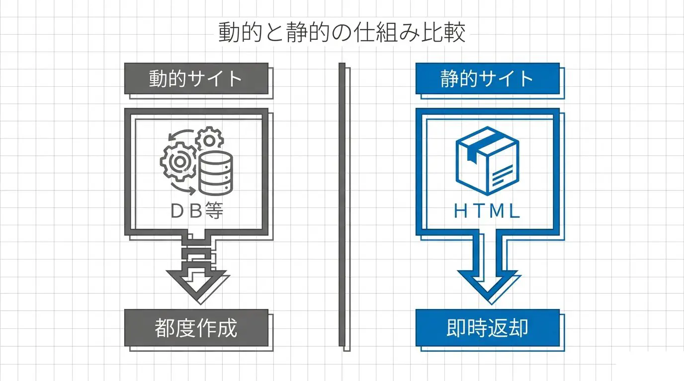 WordPress（動的CMS）は開くたびにPHP・プラグイン・データベースでページを組み立てるのに対し、静的サイトは生成済みHTMLをそのまま返すだけ、という違いを対比した図