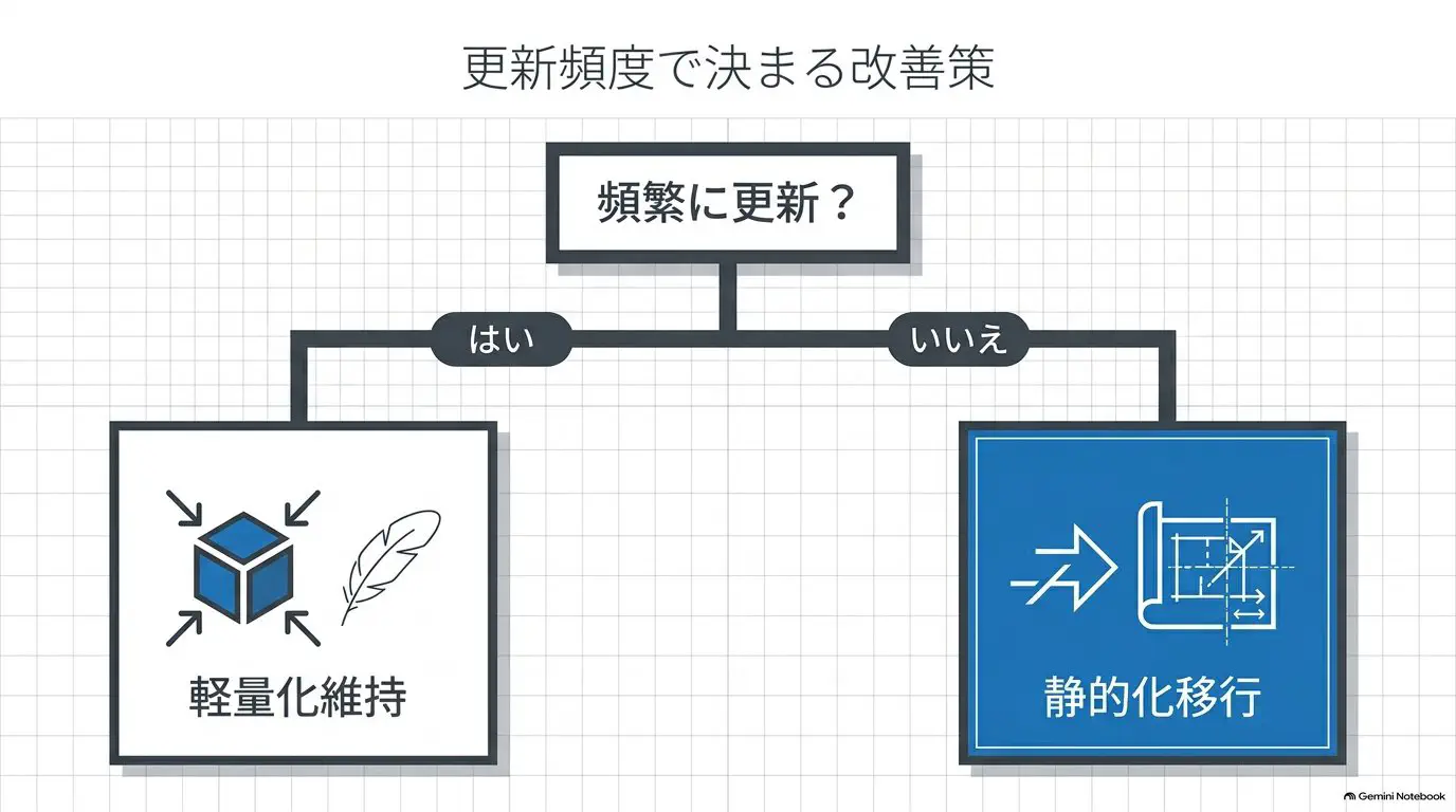 「自分でよく更新するか？」で、はい＝軽量化（WordPress継続）／いいえ＝載せ替え（静的化）に分かれる分岐図