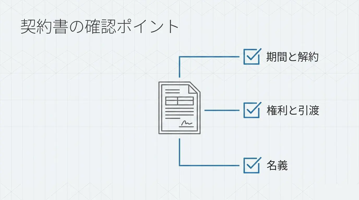 契約期間と解約予告・著作権とデータの引き渡し・ドメインとサーバーの名義という、契約書で確認する3点をまとめた図