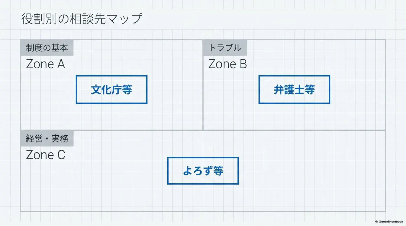 文化庁・CRIC・法テラス・よろず支援拠点と弁護士、そして技術相談の窓口を役割別に整理した相談先マップの図
