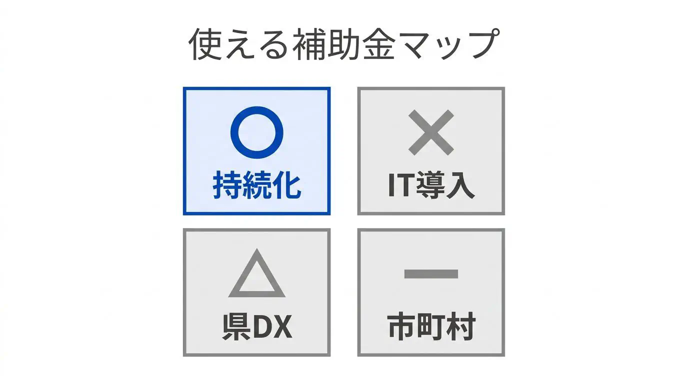 富山でホームページ制作に使える補助金の早見マップ。持続化補助金（◯・主役）／デジタル化AI導入補助金（×・HP制作は原則対象外）／富山県トランスフォーメーション補助金（△・DX事業なら）／富山市・高岡市（—・HP専用の常設なし）を◯×△で示す図