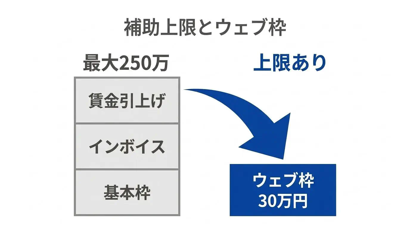 持続化補助金の上限のイメージ図。基本50万円＋インボイス特例50万円＋賃金引上げ特例150万円＝最大250万円。ただし「ウェブサイト関連費として補助されるのは税込30万円まで」という別枠の上限も併記する