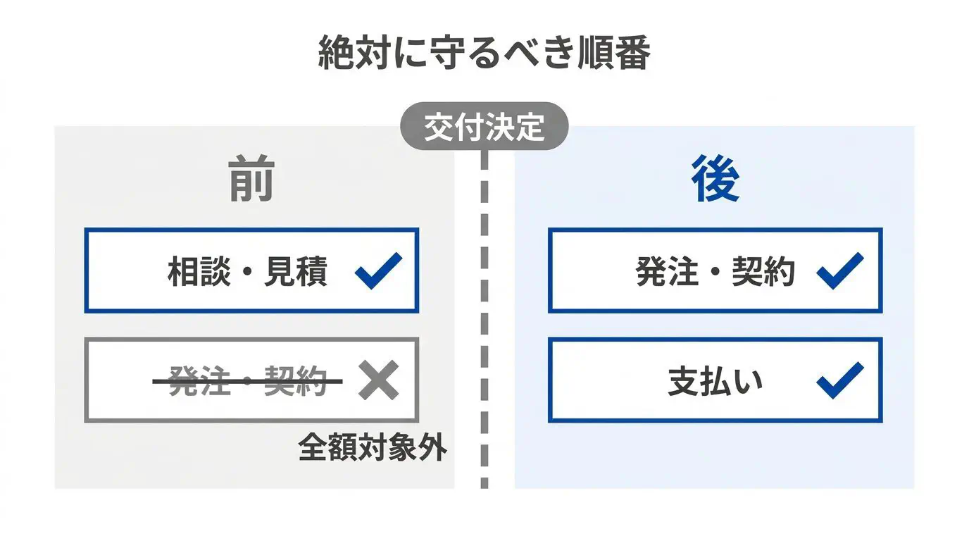 「交付決定前に発注しない」鉄則の図。相談・見積もり取得＝交付決定前でもOK（◯）、正式な発注・契約・支払い＝交付決定後（◯）／交付決定前の発注・契約・支払い＝全額対象外（×）、を時間軸で示す