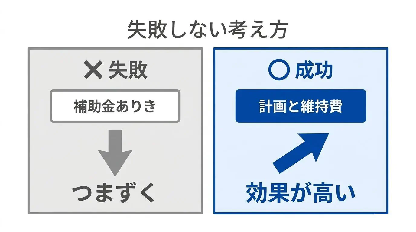 「制度ありき」ではなく「計画×維持費」で考える図。左＝補助金がもらえるかから入る（つまずきやすい）／右＝誰に何を売る計画か＋作った後の維持費が軽いか（費用対効果が高い）、を対比で示す