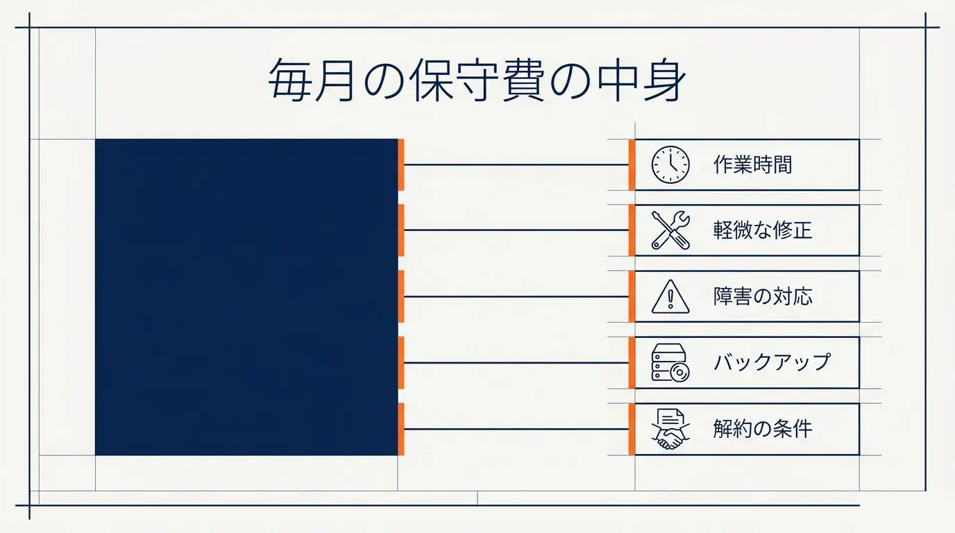 毎月の保守費の中身（作業時間・軽微な修正・障害対応・バックアップ・解約の条件）を分解した図