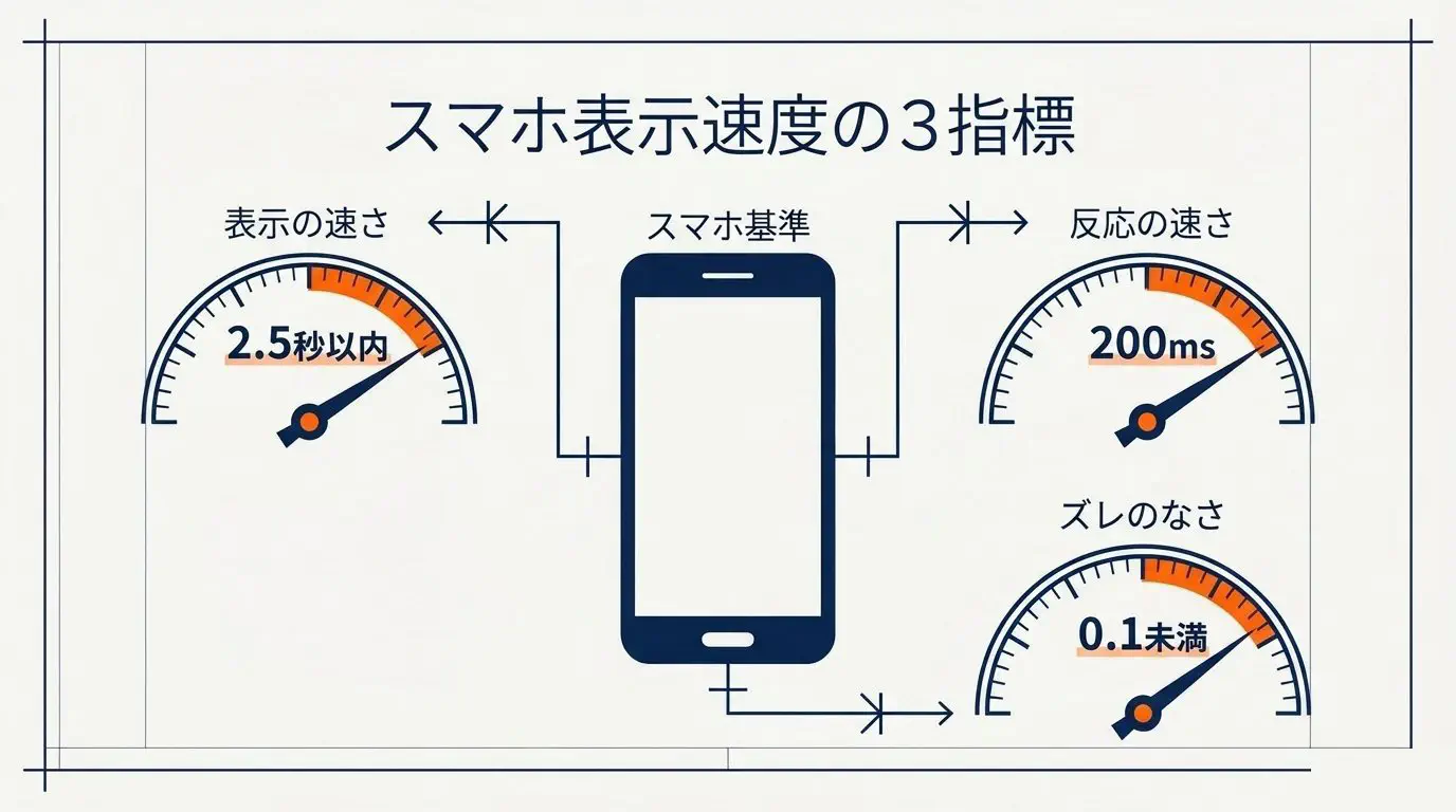 スマホ表示速度の3指標（表示の速さ2.5秒以内・反応200ミリ秒未満・表示のズレ0.1未満）を示す図