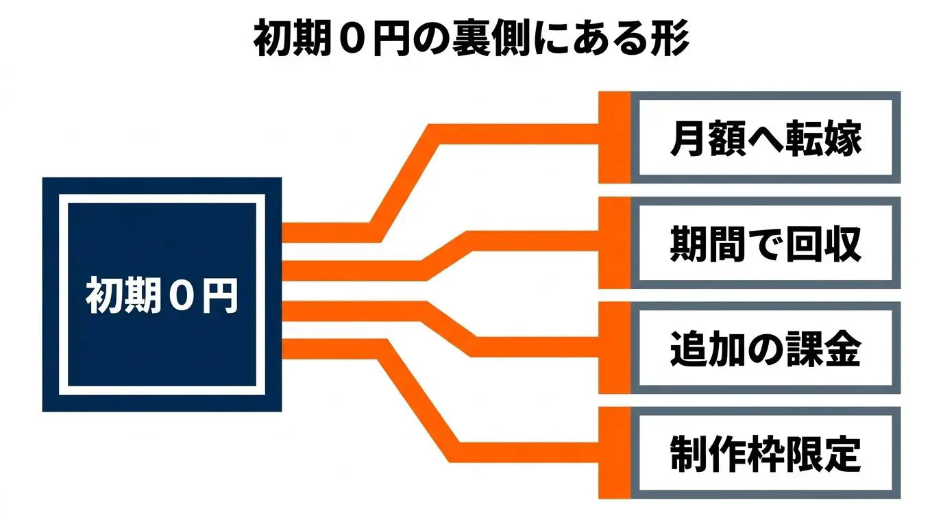 「初期0円」の内訳を分解した図。0円に見える初期費用が、実際は「月額への転嫁」「契約期間での回収」「オプション課金」「制作範囲の限定」に振り分けられており、総額は0円ではないことを示す