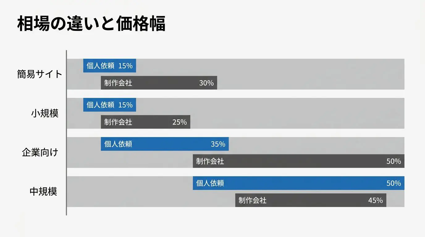 個人・フリーランスと制作会社の費用相場を比較した図。簡易/小規模/コーポレート/中規模の各段階で、個人（低め）と制作会社（高め）の価格帯を横棒で並べ、個人は初期を抑えやすいが幅が広いことを示す