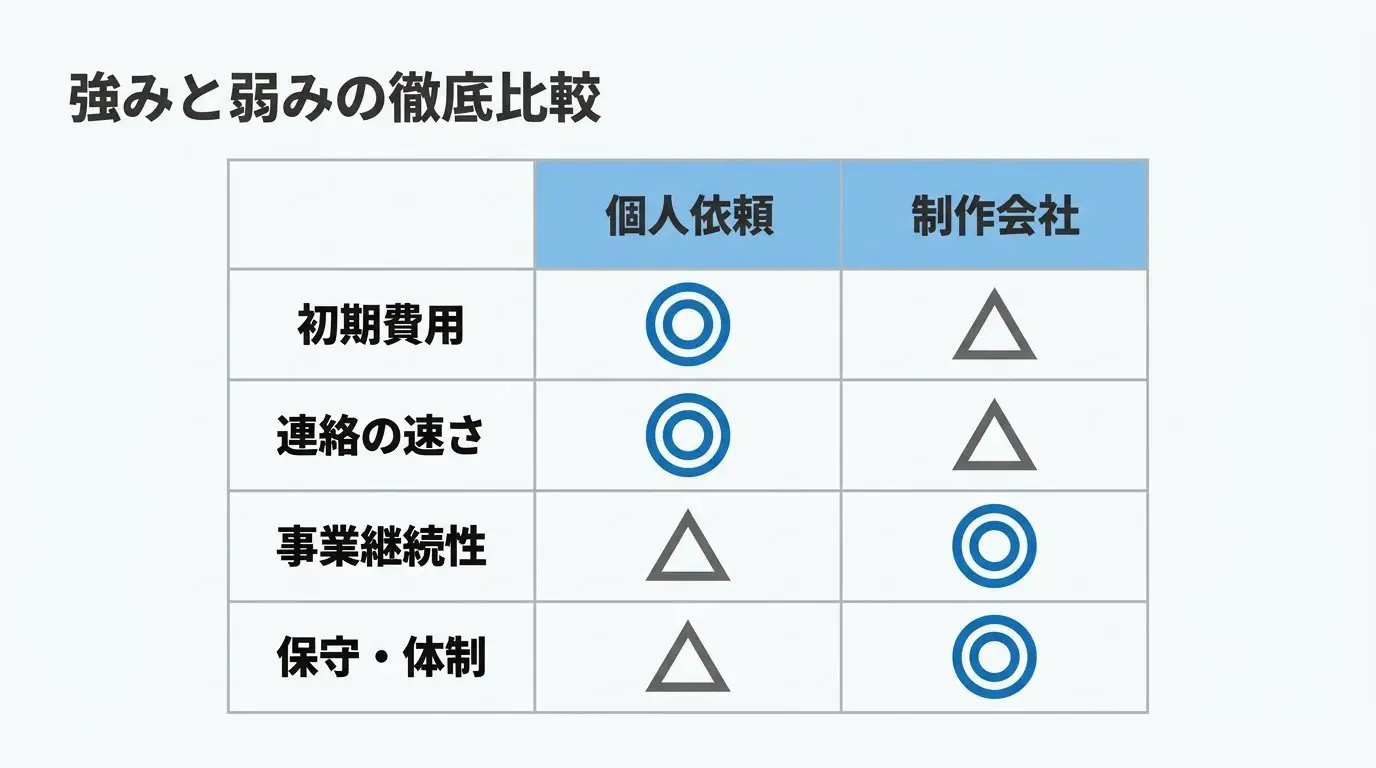 個人と制作会社を「費用・連絡の速さ・専門性・対応量・事業継続性・保守・品質のばらつき」の軸で対比した図。個人は費用・速さ・小回りが強く、制作会社は継続性・体制が強い、と示す