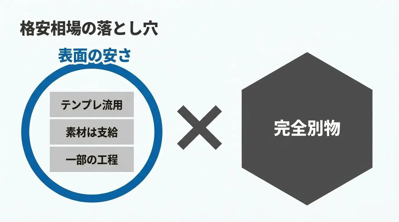 クラウドソーシング相場の見方の注意図。表示される「安い価格」には、テンプレ流用・素材支給前提・工程の一部だけ、が混ざるため、フルオーダー相場と混同しない、と示す
