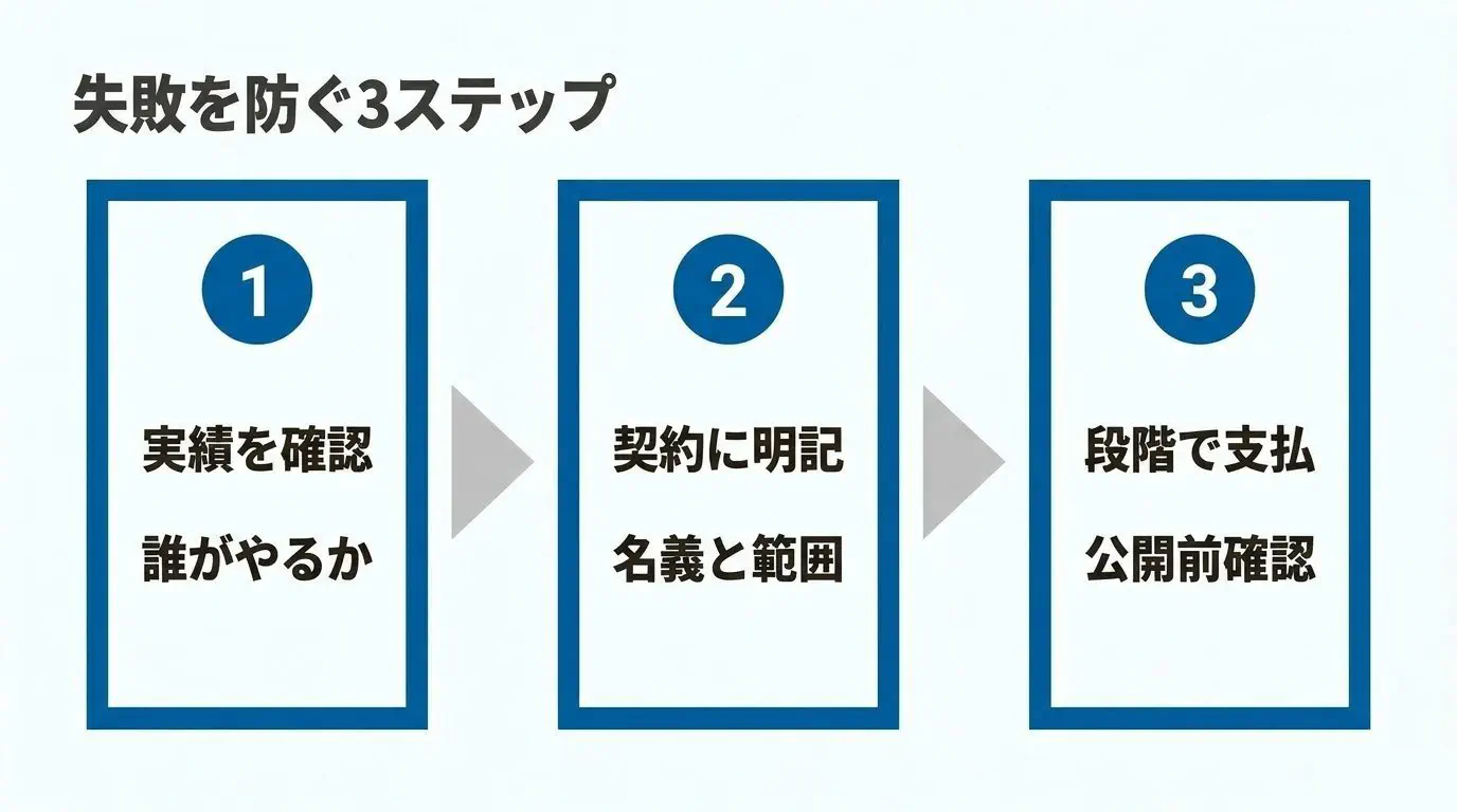 失敗しない見極め3ステップの図。①実績を公開URLで確認＋「誰が何をするか」を分解 →②契約書に名義・納品範囲・著作権・保守を明記 →③支払いは段階払い、を左から右で示す