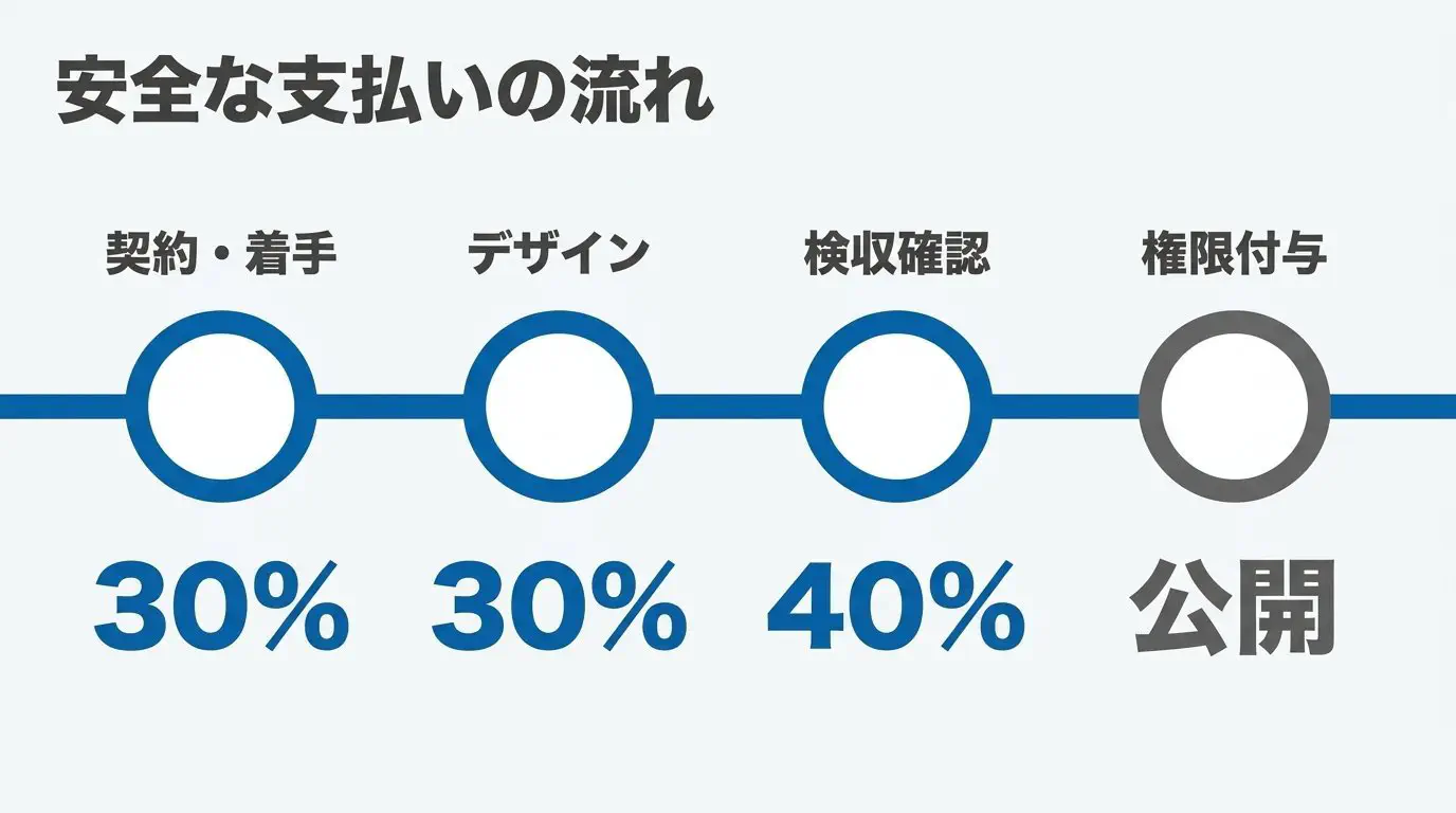 段階払いのイメージ図。着手金30％→デザイン承認時30％→テスト環境での検収後40％、と成果確認に連動して支払う。公開前に自社アカウントへ権限付与を完了、と添える