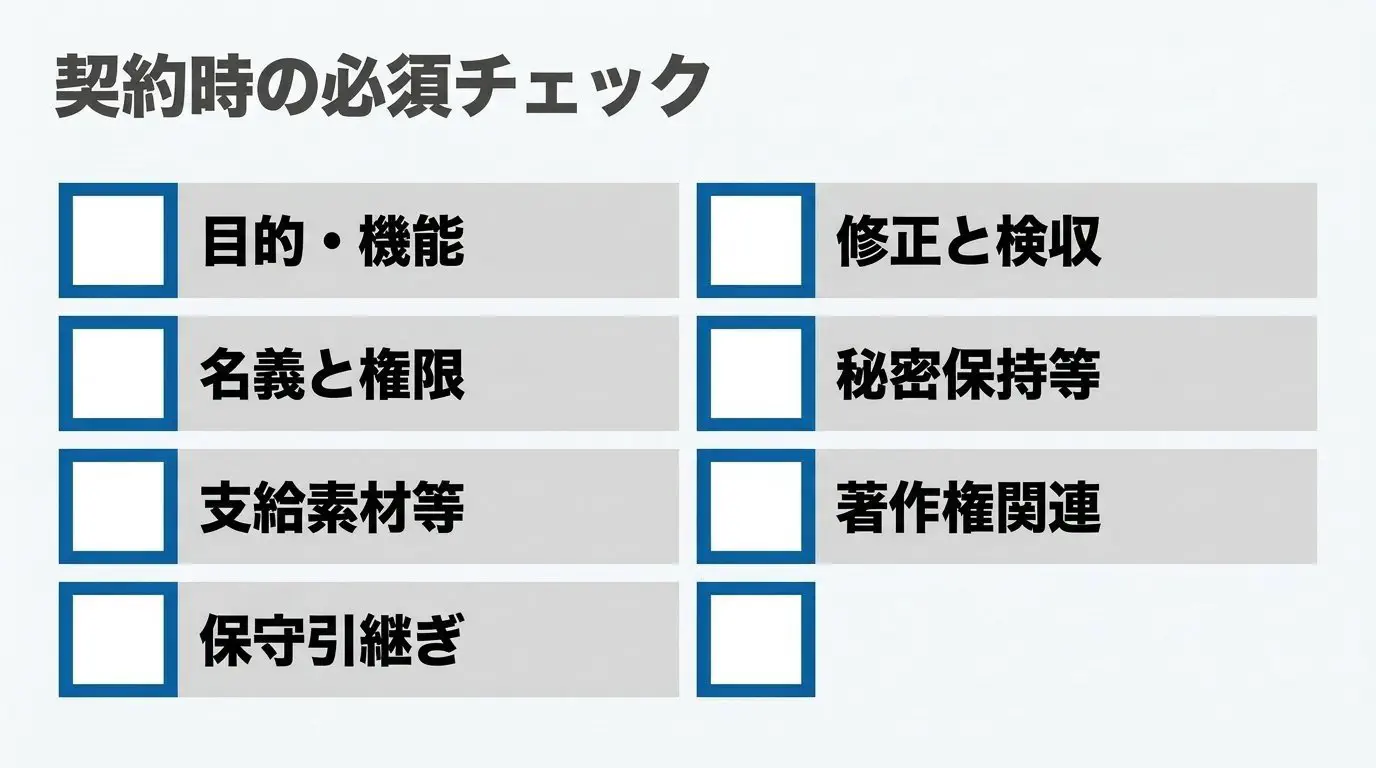 契約書・発注書に入れる項目のチェックリスト図。目的/ページ・機能、支給素材の担当、修正回数・検収、著作権・第三者素材、サーバー/ドメイン/CMS/GA4の名義、保守・引継ぎ、秘密保持・再委託、をチェックボックスで一覧化