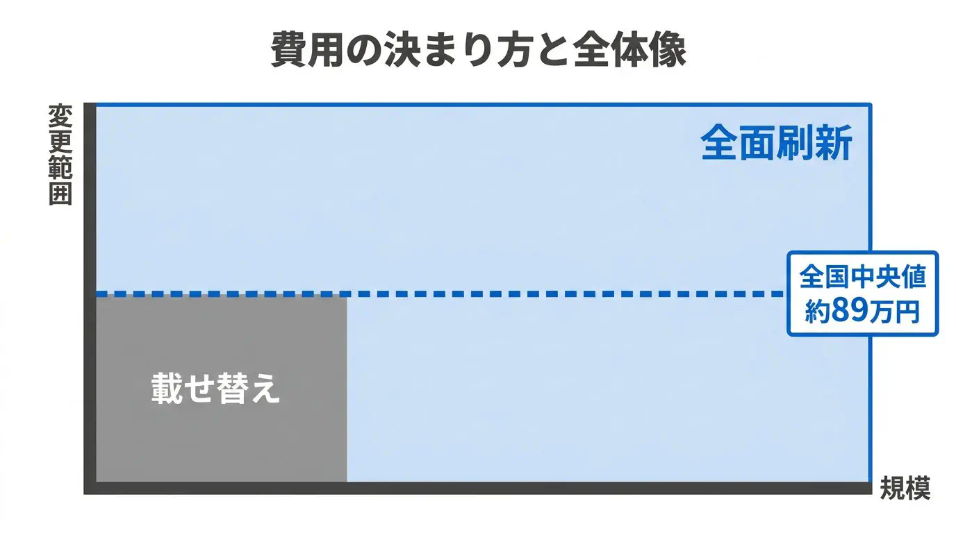 リニューアル費用は「規模×何を変えるか」で決まることを示し、全国中央値約89万円と、載せ替えなら抑えられる範囲を対比した全体像の図