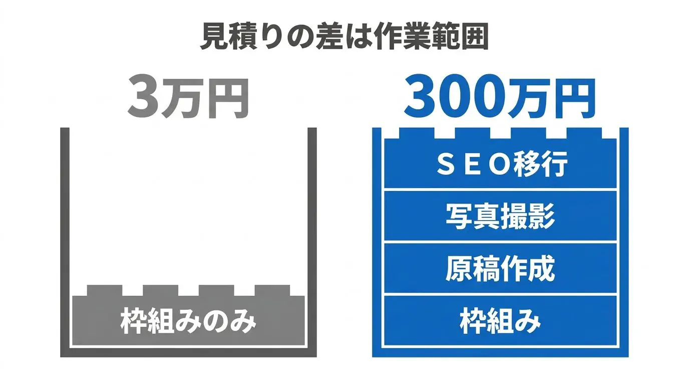 同じリニューアルでも見積もりが3万円と300万円で開く理由＝作業範囲（原稿・撮影・ページ数・SEO移行）の違いを並べた図