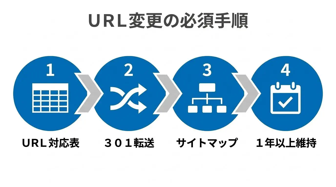 URLを変えるリニューアルで必要なGoogleの移行手順（旧→新のURLマッピング→301リダイレクト→サイトマップ送信→1年以上維持）のフロー図