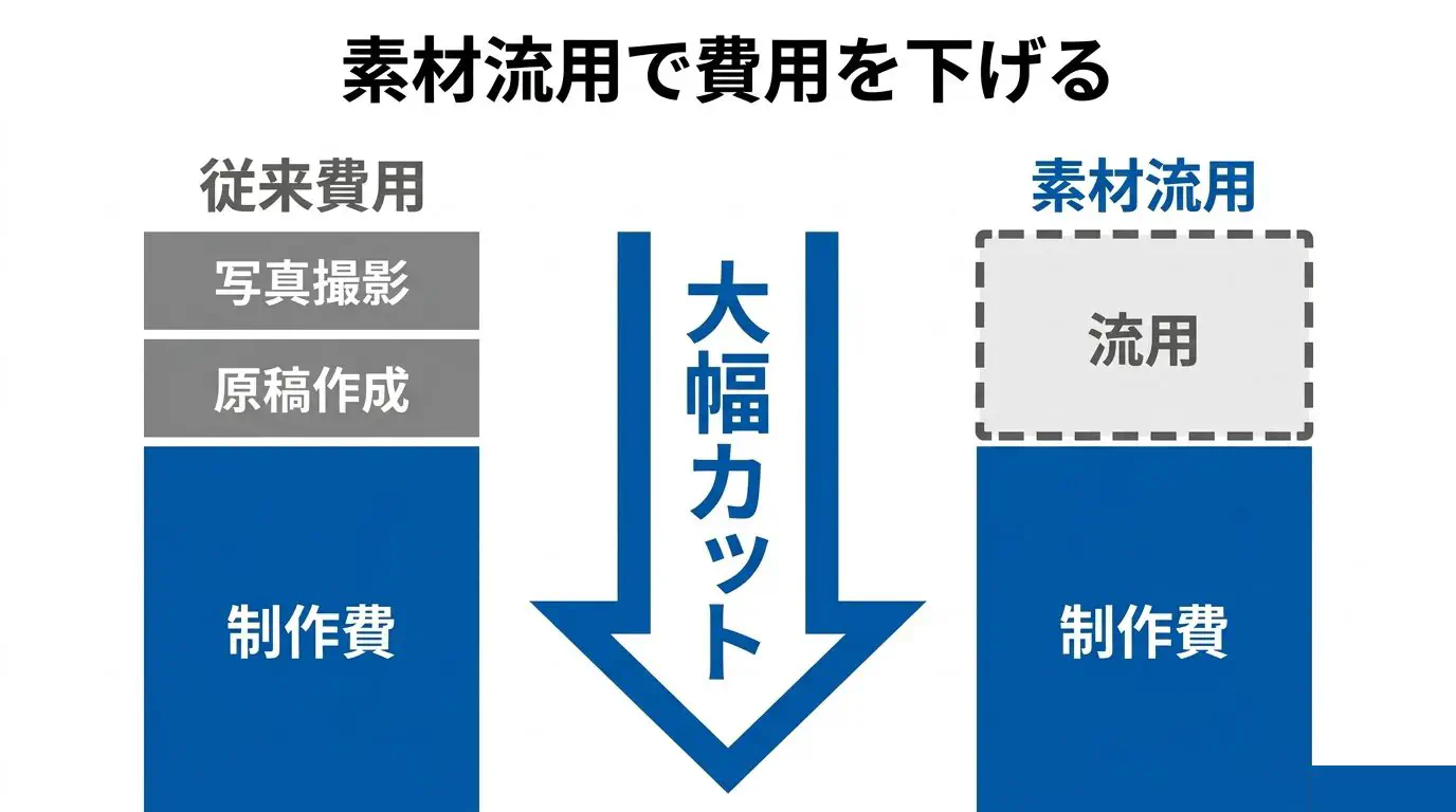 リニューアル費用の大半は取材・撮影・原稿づくりの人件費で、既存素材を流用すると総額が大きく下がることを示した図