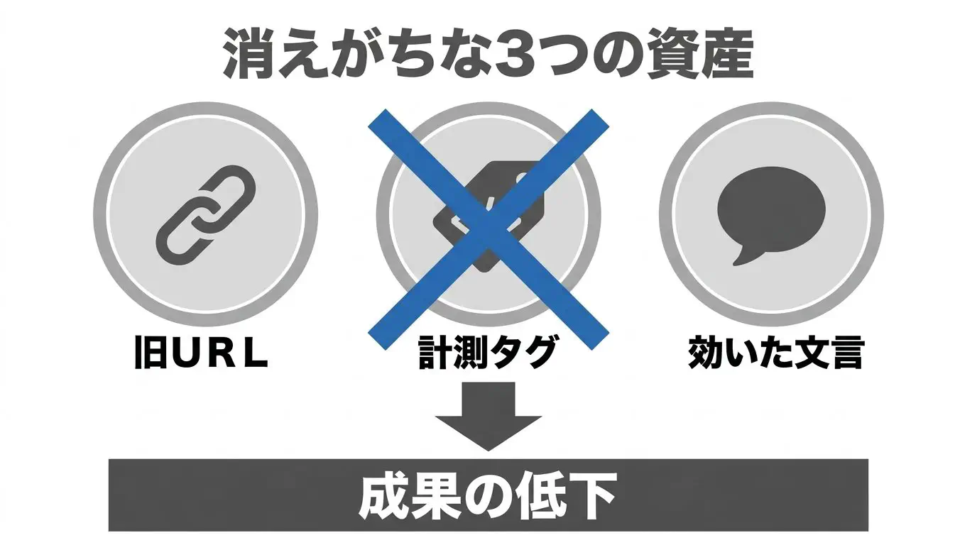 リニューアルで消えがちな3つの資産（旧URLの転送・計測タグ・旧サイトで効いていた文言）を示し、見た目の刷新だけでは成果が守れないことを表した図