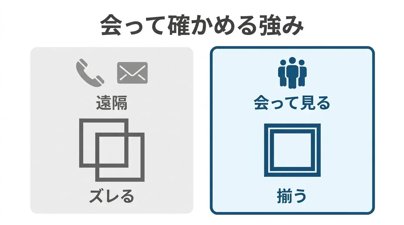 電話・メールだけの相談と、会って一緒に見る相談の違いを比べた図。左は言葉だけでやりとりし、互いの思い描くものがずれる様子。右は同じ画面や資料を前に、指さしながら確かめている様子