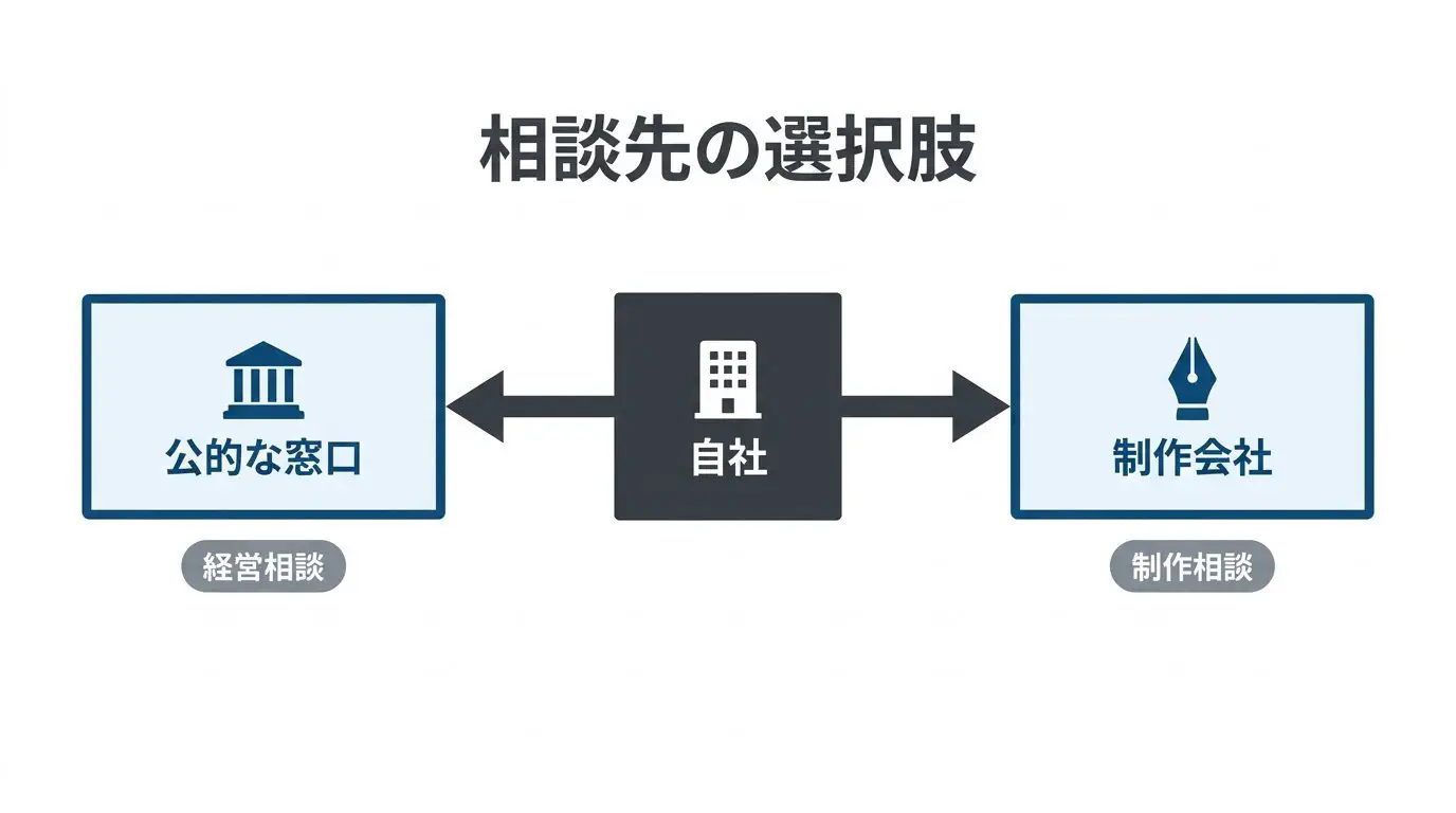 富山でホームページの相談ができる先を整理した図。真ん中に「相談したい会社・お店」、周りに「制作会社（制作の相談・見積もり）」と「公的な窓口（経営・デジタル化の相談）」を置き、比べる材料を集めるイメージ