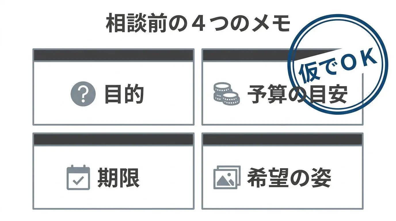 相談前に用意する4つのメモを並べた図。「目的（なぜ）」「予算の目安」「いつまでに」「どんなサイト」の4枚のメモと、「仮でよい」の添え書き