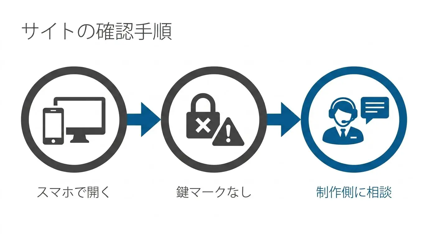 自社サイトのSSL状態を確認する流れ（アドレスバーの表示を見る→鍵マークがなければ相談）を示したチェックの図
