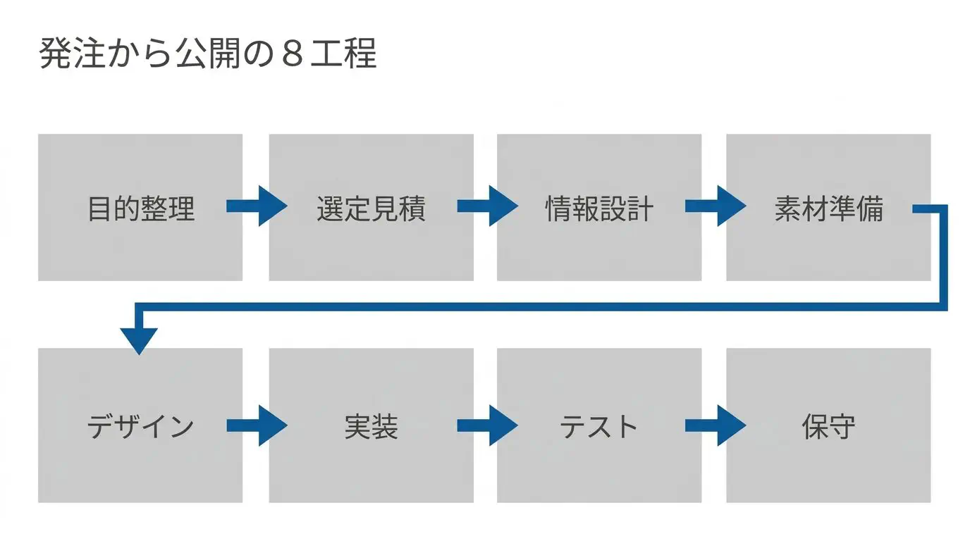 目的整理→制作会社の選定・見積もり→情報設計→素材準備→デザイン→実装→テスト・公開→保守、の8工程を左から右へ並べたフロー図