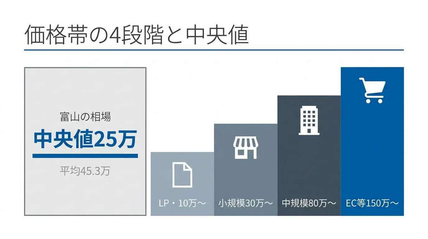 富山県内のWebサイト制作費用相場と規模別料金の比較グラフ